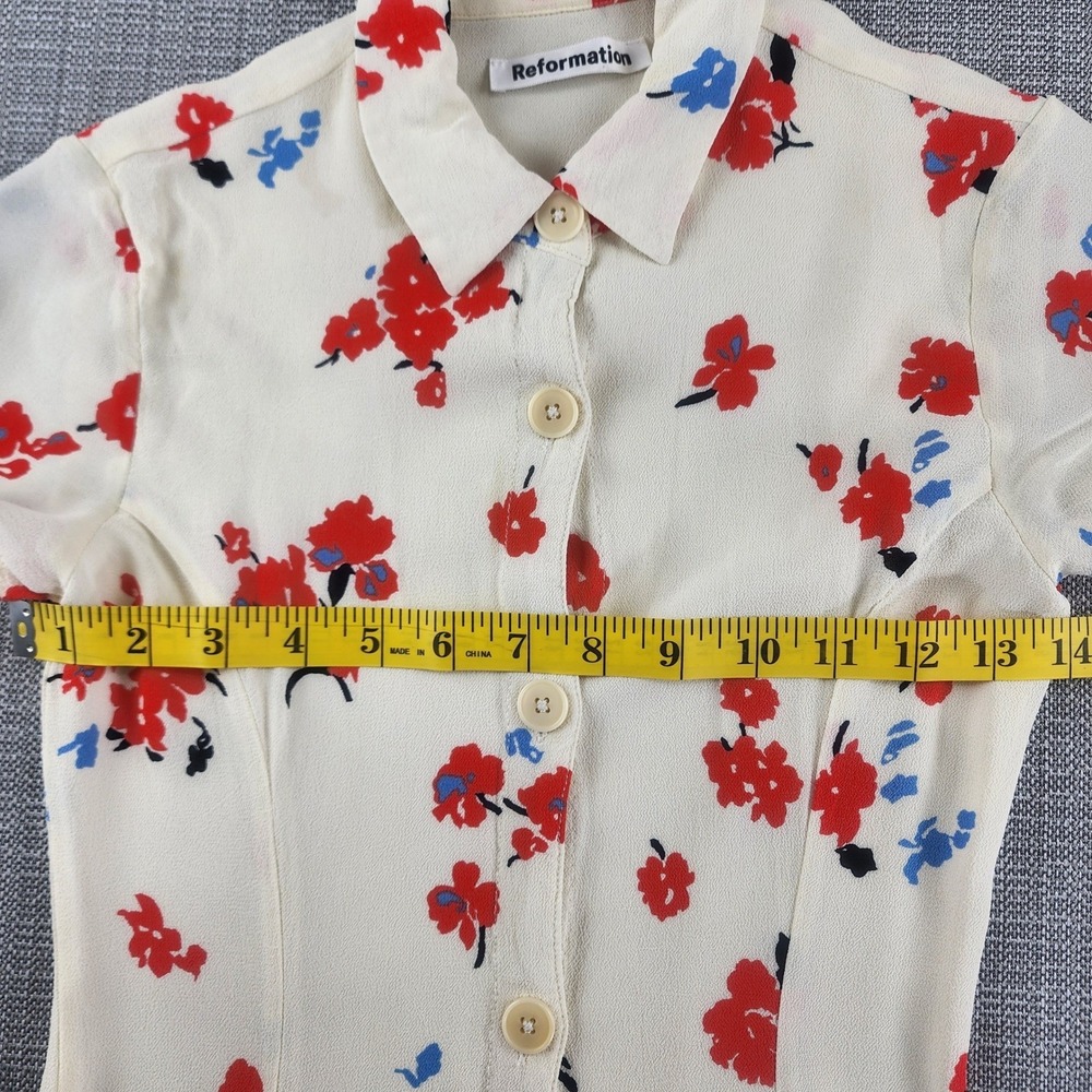 Reformation Sheila Floral Midi Dress 0 Ivory Red Blue Button Front Cottagecore - Picture 7 of 16